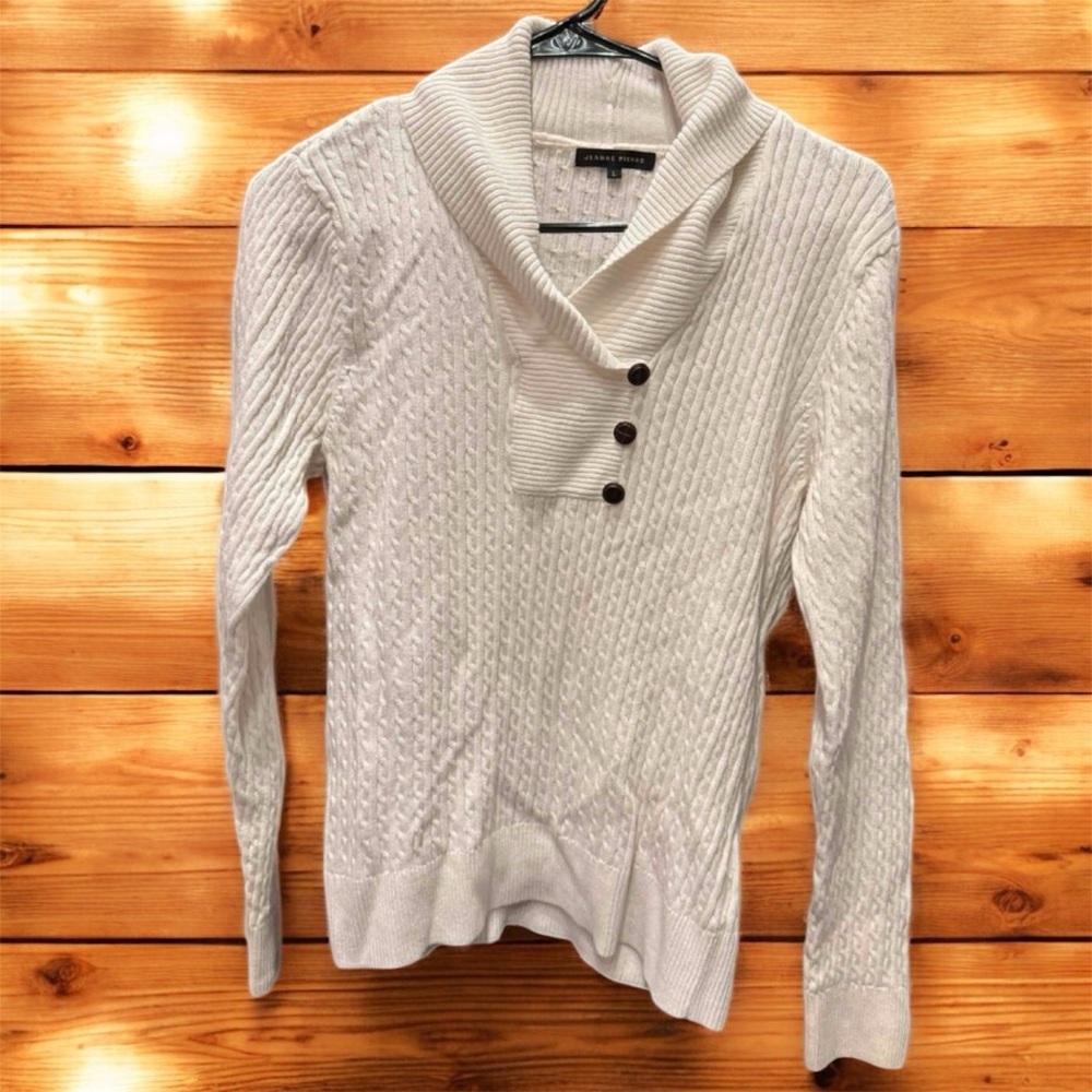 JEANNE PIERRE Off-White Cowl Neck Sweater with Button Detail 100% cotton LARGE